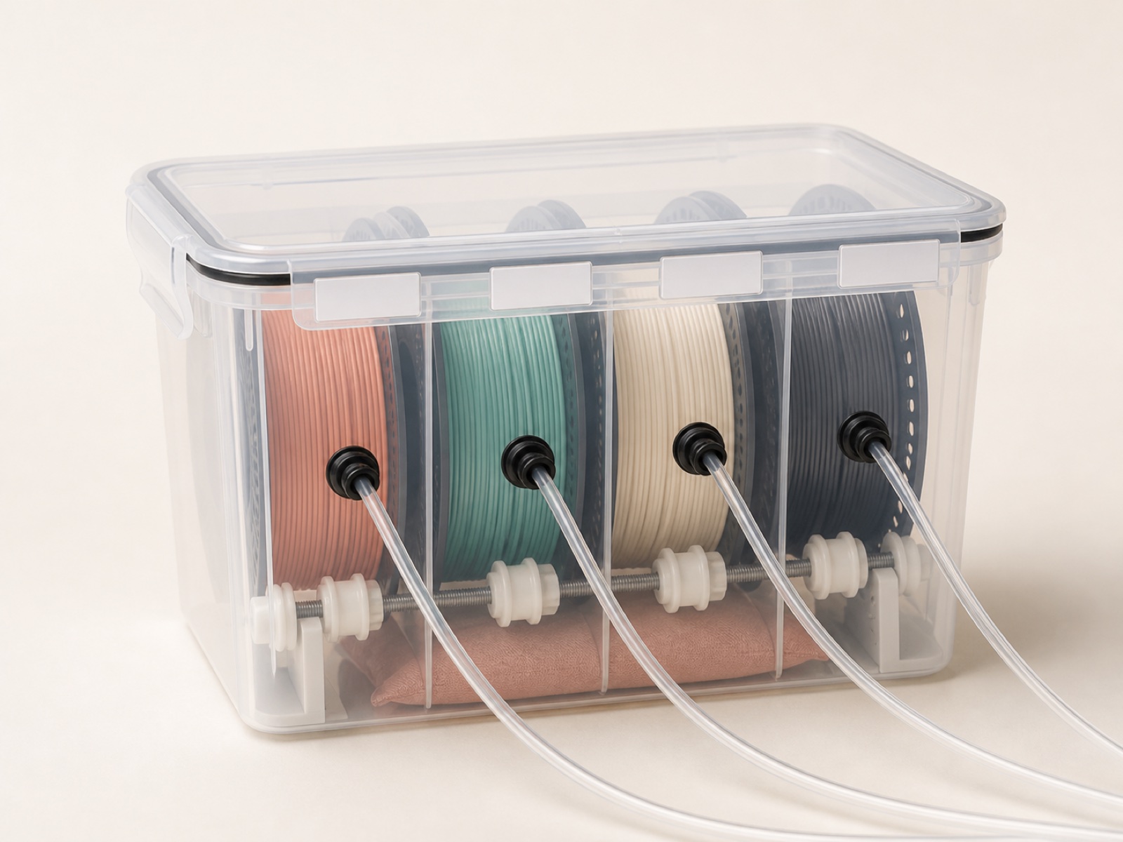 Four filament spools sealed in one clear tub, a PTFE tube leaving each of the four ports