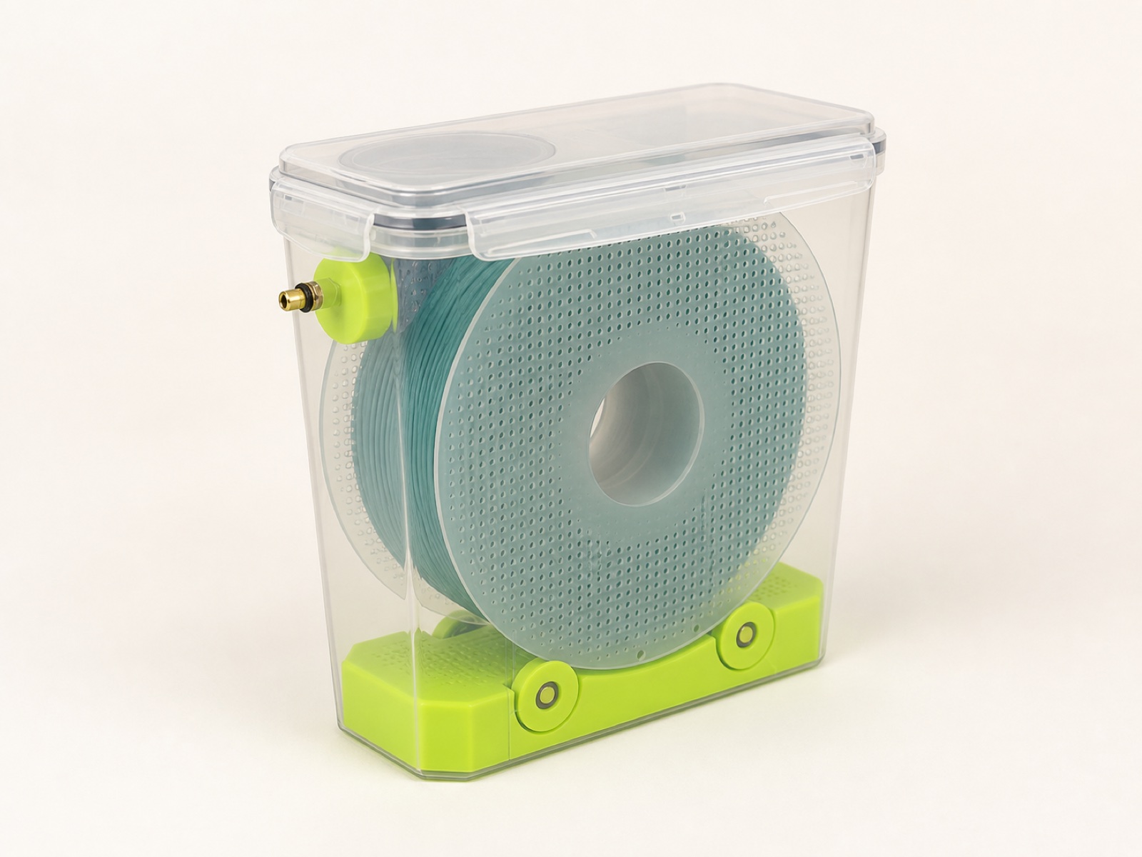 The Single Filament Storage Box sealed, a spool loaded inside on its green roller base